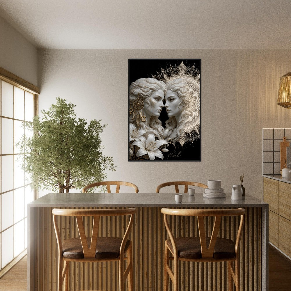 Gemini Zodiac Twins Poster, Gold Wall Art, Astrology Canvas, Twins Portrait, Zodiac Gift for Her, Danish Art Studio
