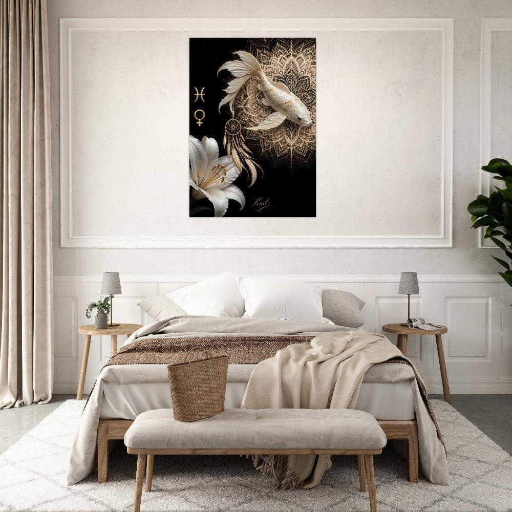 Pisces Zodiac Koi Poster, Gold Wall Art, Astrology Canvas, Koi Portrait, Zodiac Gift for Her, Danish Art Studio