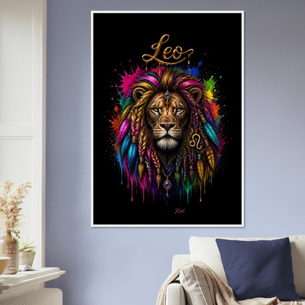 Leo Neon Zodiac Lion Poster, Colorful Wall Art, Artistic Astrology Canvas, Zodiac Gift for Him, Danish Art Studio