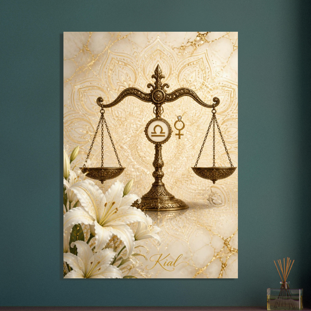 Libra Zodiac Scales Poster, Gold Wall Art, Astrology Canvas, Scales Portrait, Zodiac Gift for Her, Danish Art Studio