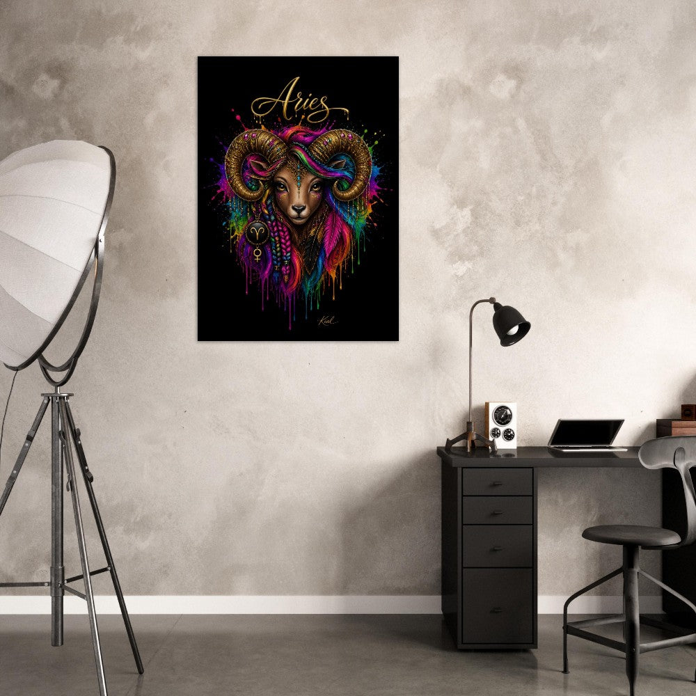 Vædderen Neon Stjernetegn Plakat, Farverig Vægkunst, Kunstnerisk Astrologi Lærred, Stjernetegnsgave til Hende, Danish Art Studio