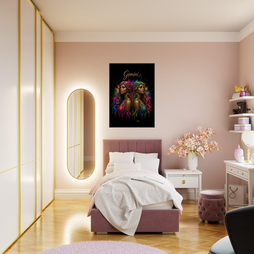 Gemini Neon Zodiac Tvillinger Plakat, Farverig Vægkunst, Kunstnerisk Astrologi Lærred, Zodiak Gave til Hende, Dansk Kunst Studio