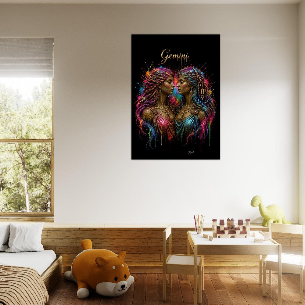 Gemini Neon Zodiac Tvillinger Plakat, Farverig Vægkunst, Kunstnerisk Astrologi Lærred, Horoskop Gave til Hende, Danish Art Studio