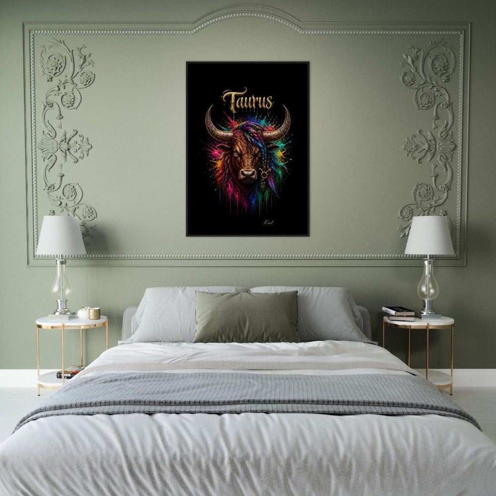 Taurus Neon Zodiac Bull Poster, Colorful Wall Art, Artistic Astrology Canvas, Zodiac Gift for Him, Danish Art Studio
