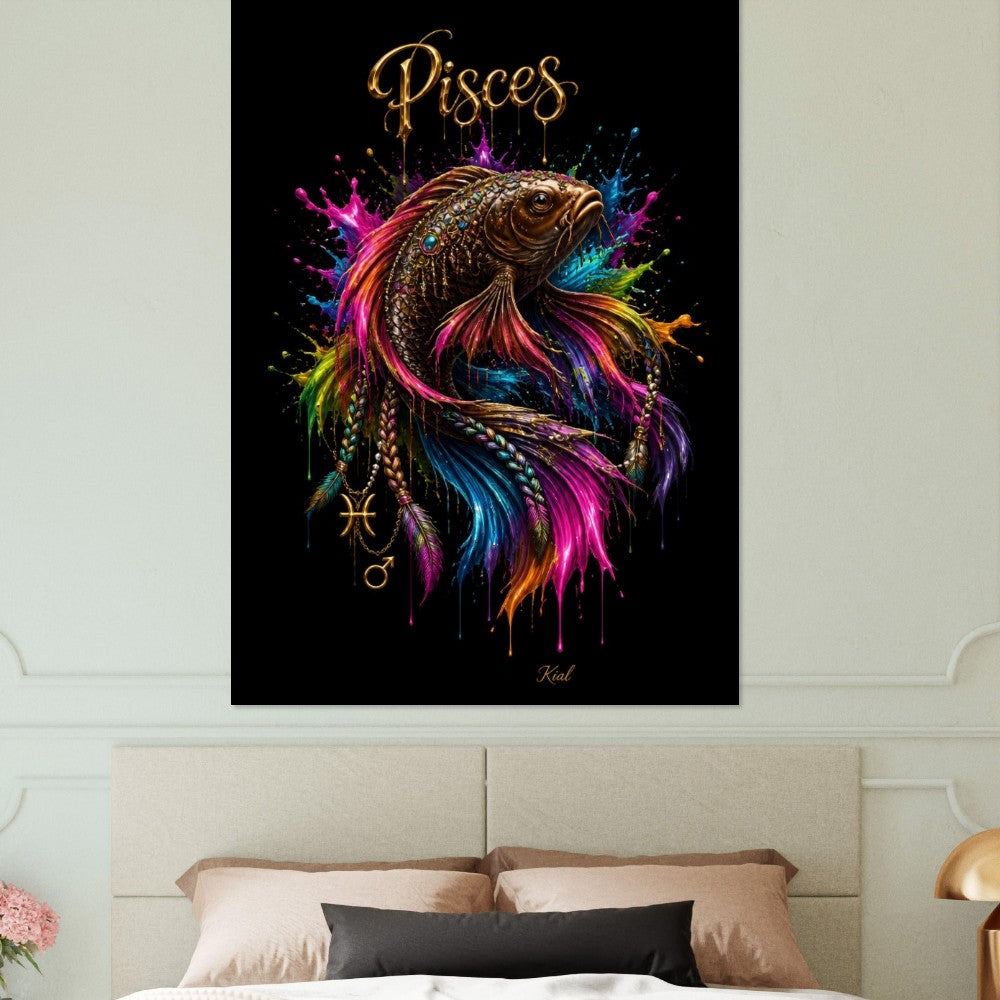Pisces Neon Zodiac Koi Poster, Colorful Wall Art, Artistic Astrology Canvas, Zodiac Gift for Him, Danish Art Studio