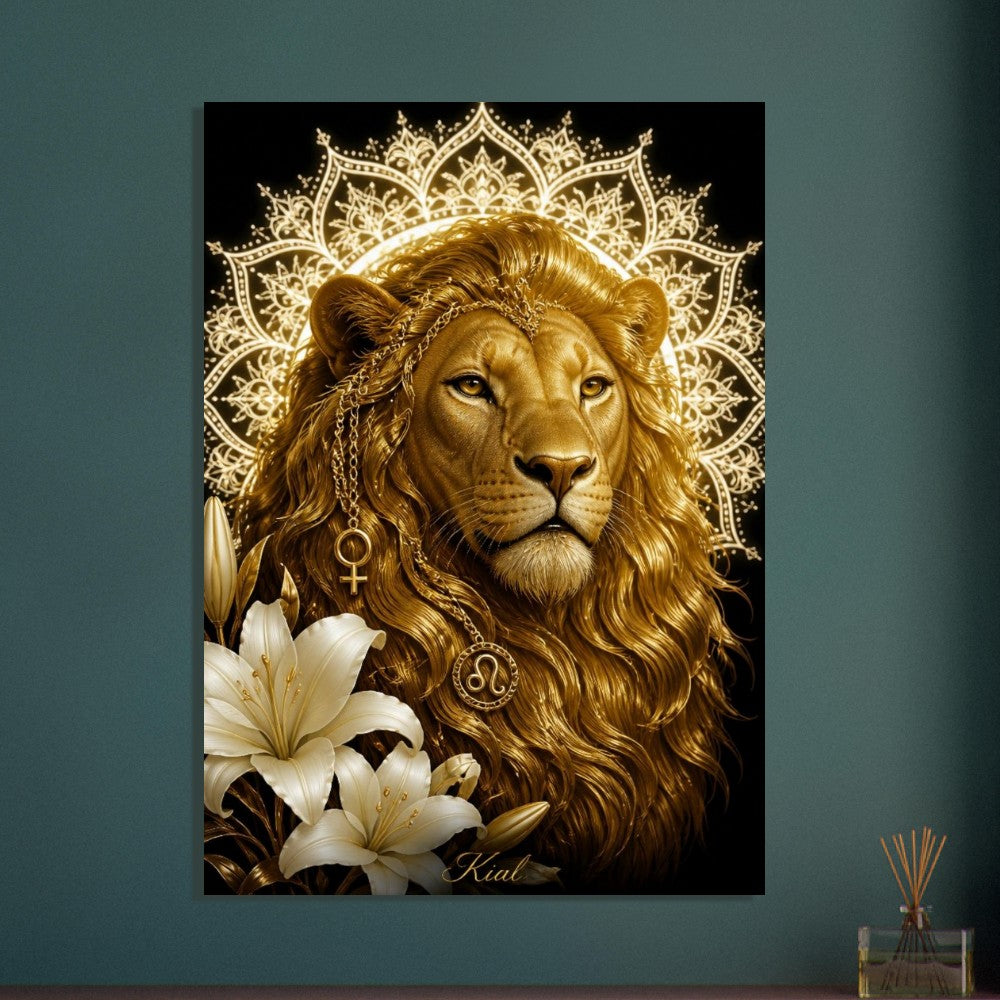 Leo Zodiac Lion Poster, Gold Wall Art, Astrology Canvas, Lion Portrait, Zodiac Gift for Her, Danish Art Studio