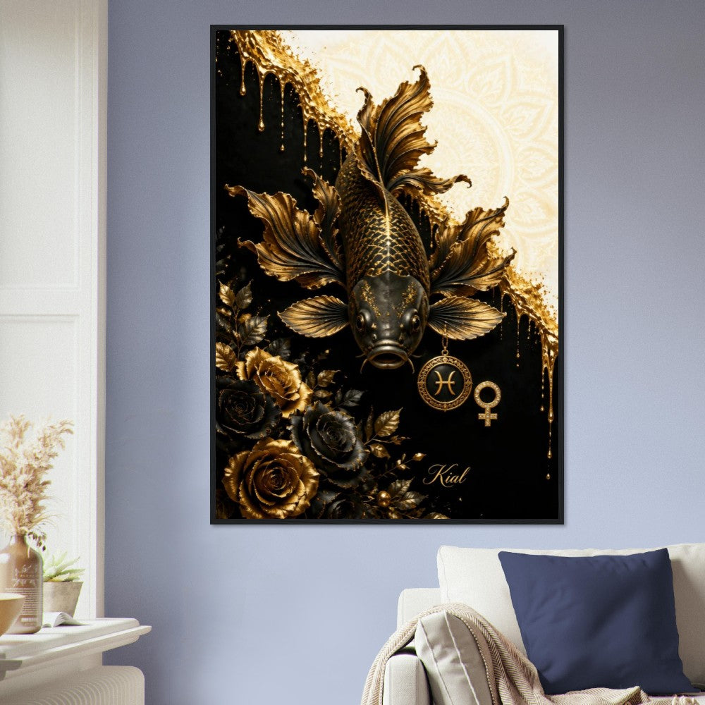 Pisces Zodiac Koi Poster, Gold Wall Art, Astrology Canvas, Koi Portrait, Zodiac Gift for Her, Danish Art Studio