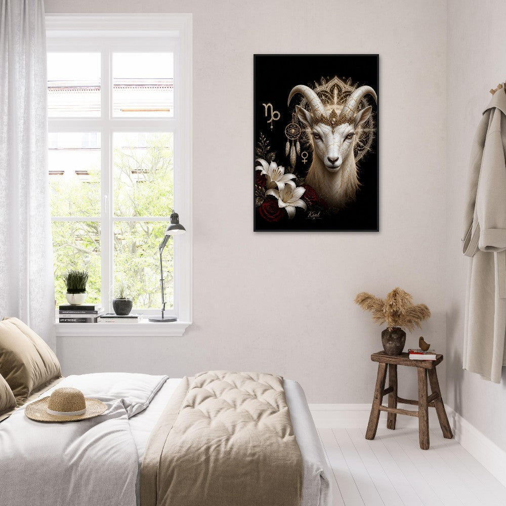 Capricorn Zodiac Goat Poster, Gold Wall Art, Astrology Canvas, Goat Portrait, Zodiac Gift for Her, Danish Art Studio