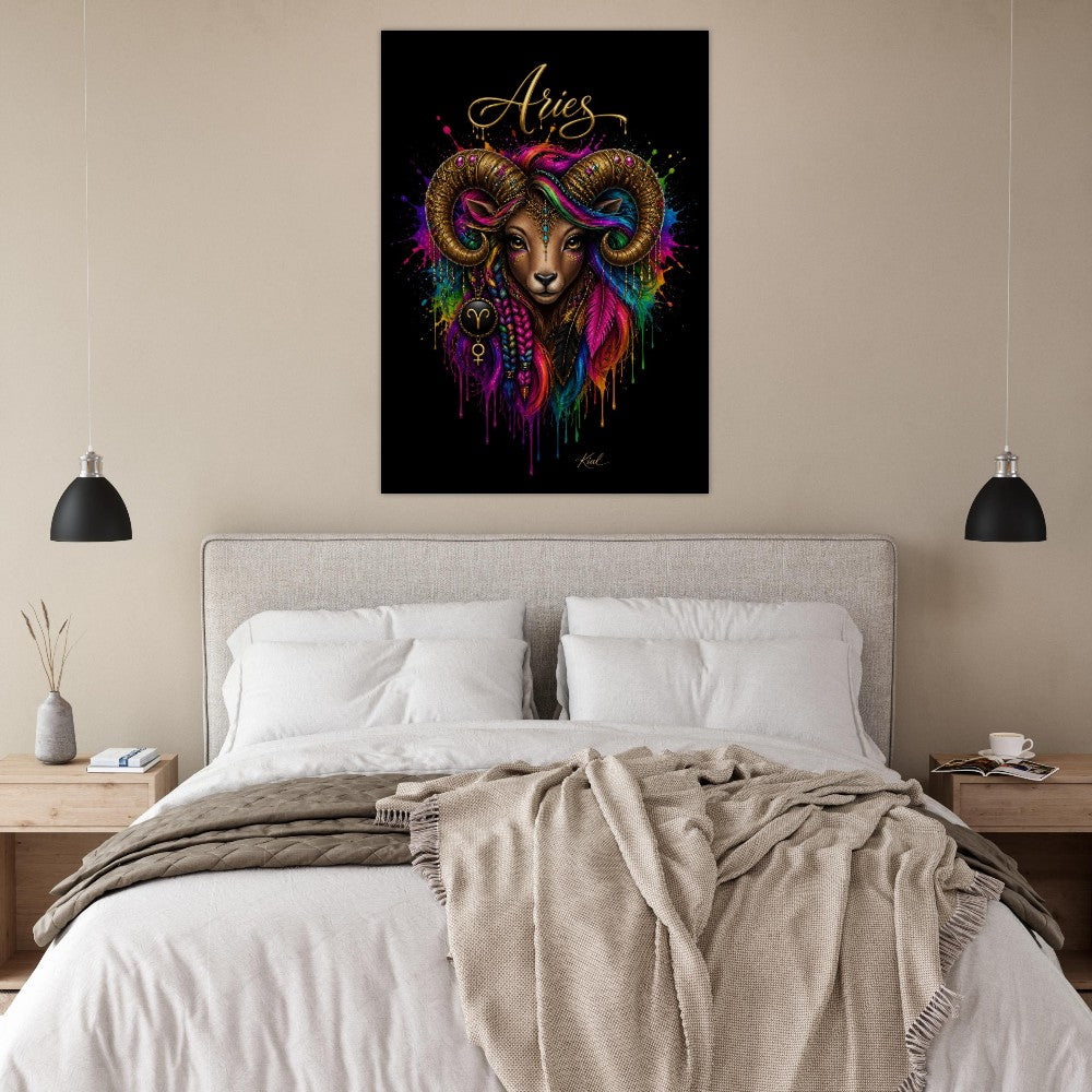 Vædderen Neon Stjernetegn Plakat, Farverig Vægkunst, Kunstnerisk Astrologi Lærred, Stjernetegnsgave til Hende, Danish Art Studio
