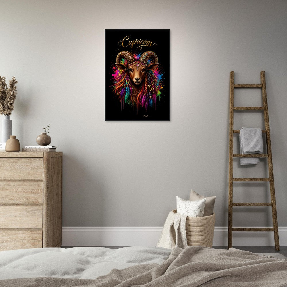 Capricorn Neon Zodiac Goat Poster, Colorful Wall Art, Artistic Astrology Canvas, Zodiac Gift for Her, Danish Art Studio