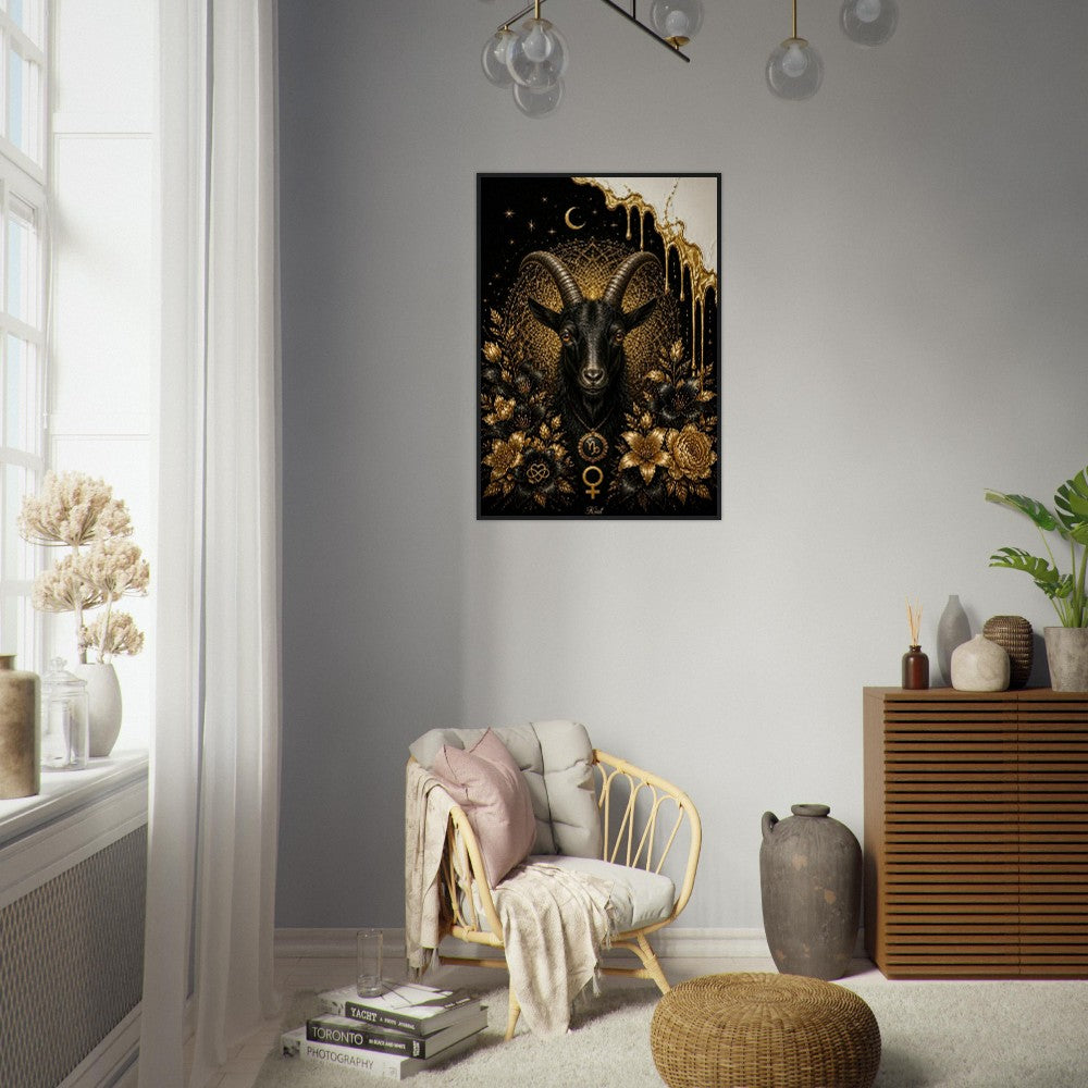 Capricorn Zodiac Goat Poster, Gold Wall Art, Astrology Canvas, Goat Portrait, Zodiac Gift for Her, Danish Art Studio
