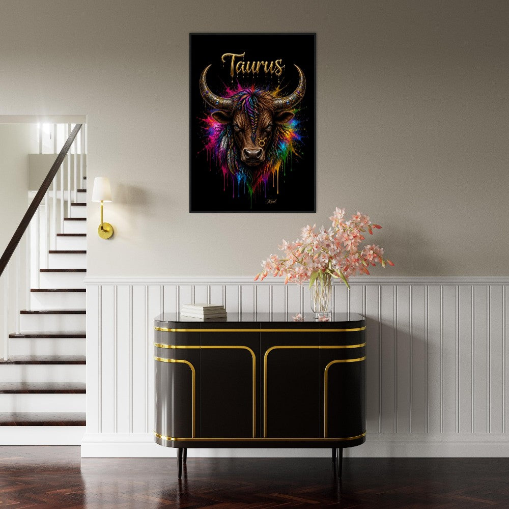 Taurus Neon Zodiac Bull Poster, Colorful Wall Art, Artistic Astrology Canvas, Zodiac Gift for Him, Danish Art Studio