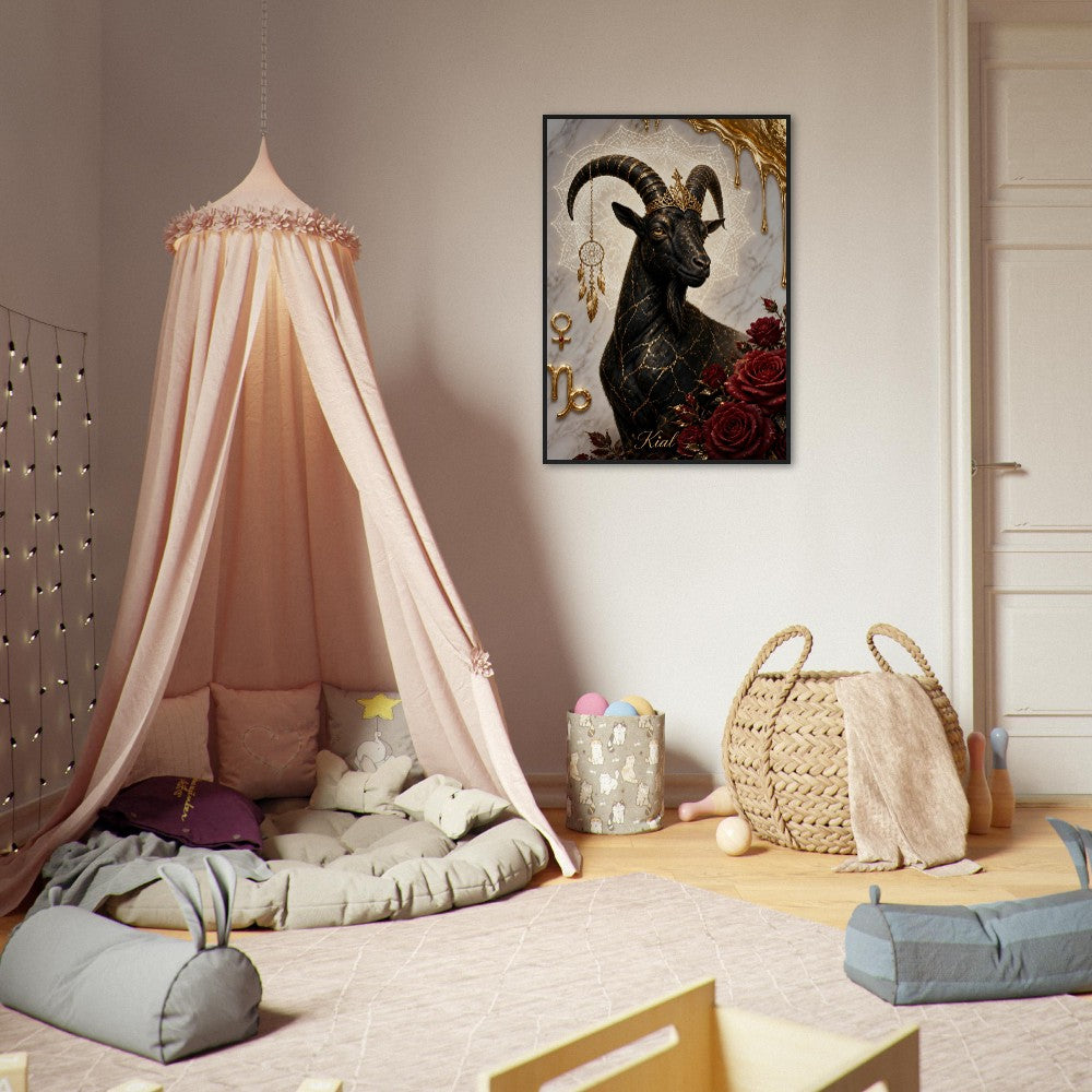 Capricorn Zodiac Goat Poster, Gold Wall Art, Astrology Canvas, Goat Portrait, Zodiac Gift for Her, Danish Art Studio