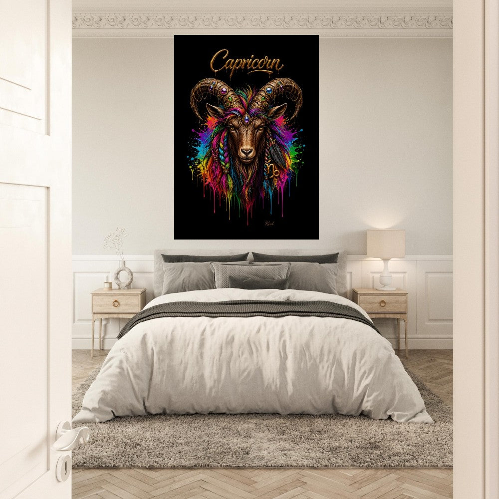 Capricorn Neon Zodiac Goat Poster, Colorful Wall Art, Artistic Astrology Canvas, Zodiac Gift for Him, Danish Art Studio