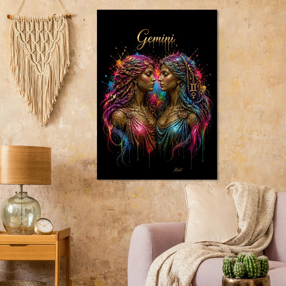 Gemini Neon Zodiac Tvillinger Plakat, Farverig Vægkunst, Kunstnerisk Astrologi Lærred, Horoskop Gave til Hende, Danish Art Studio