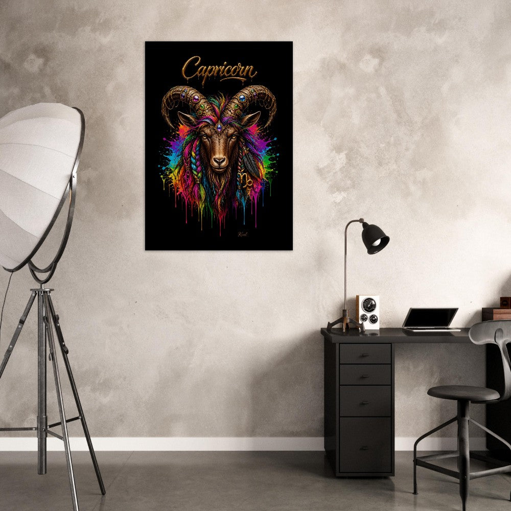 Capricorn Neon Zodiac Goat Poster, Colorful Wall Art, Artistic Astrology Canvas, Zodiac Gift for Him, Danish Art Studio