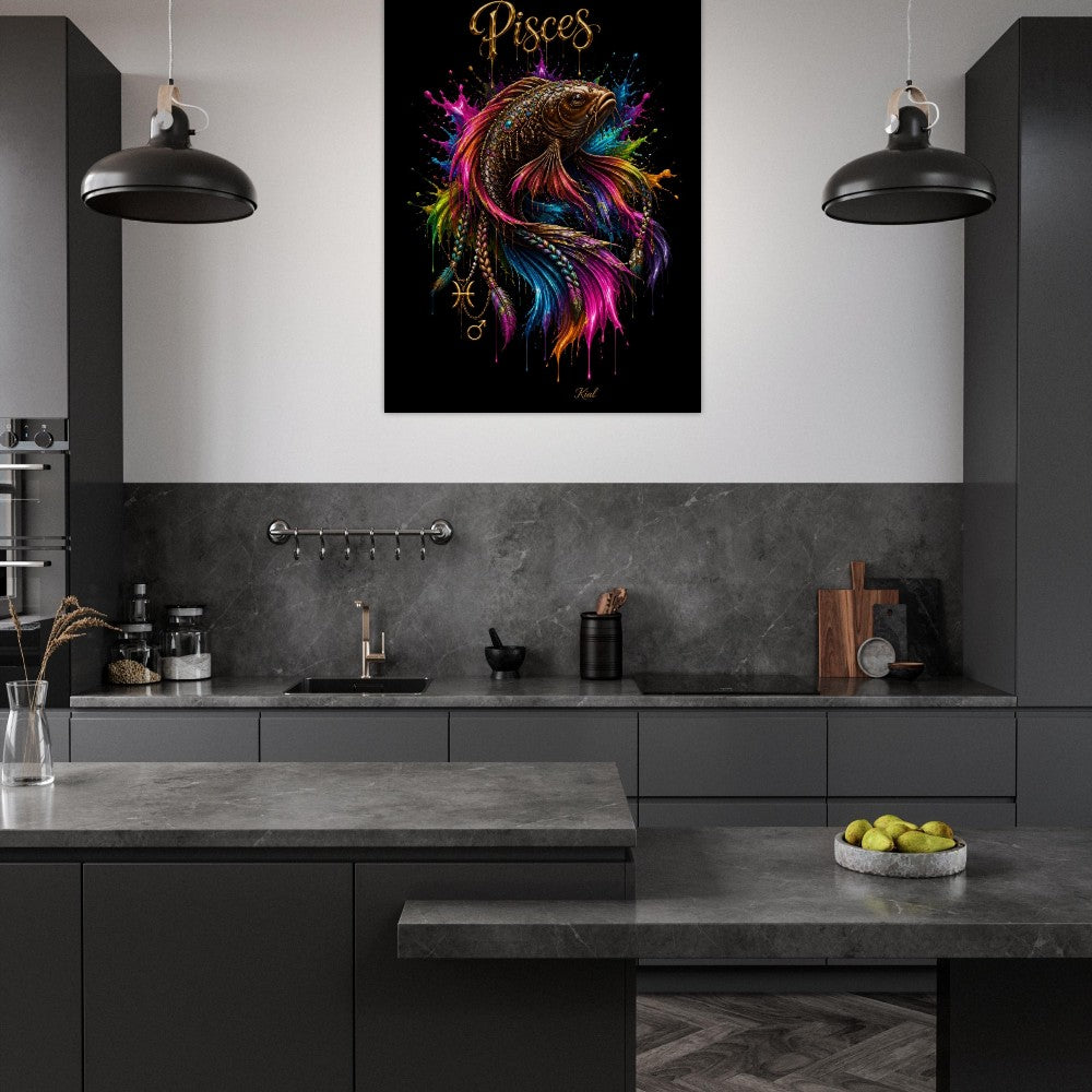 Pisces Neon Zodiac Koi Poster, Colorful Wall Art, Artistic Astrology Canvas, Zodiac Gift for Him, Danish Art Studio