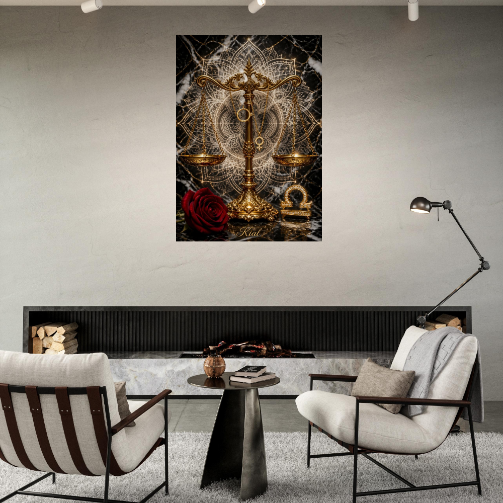 Libra Zodiac Scales Poster, Gold Wall Art, Astrology Canvas, Scales Portrait, Zodiac Gift for Her, Danish Art Studio
