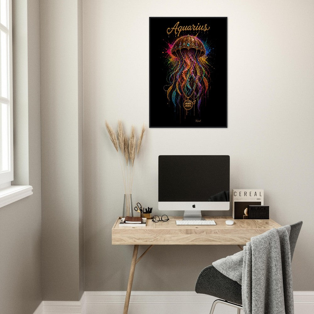 Aquarius Neon Zodiac Jellyfish Poster, Colorful Wall Art, Zodiac Gift for Him, Danish Art Studio