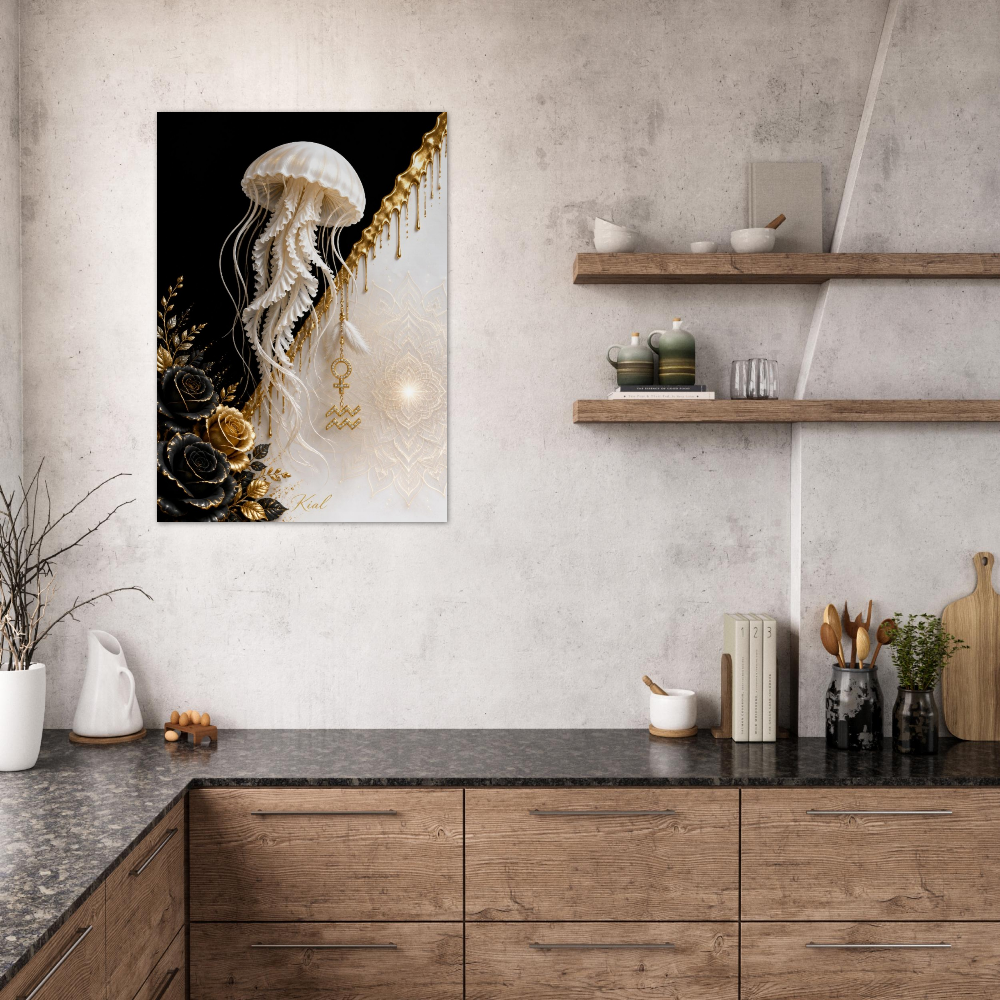 Aquarius Zodiac Jellyfish Poster, Gold Wall Art, Zodiac Gift for Her, Danish Art Studio