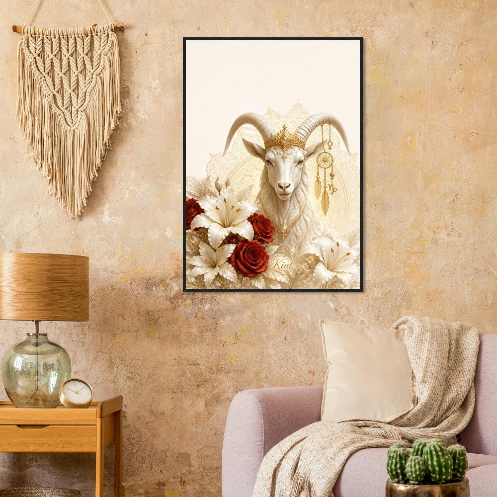 Capricorn Zodiac Goat Poster, Gold Wall Art, Astrology Canvas, Goat Portrait, Zodiac Gift for Her, Danish Art Studio