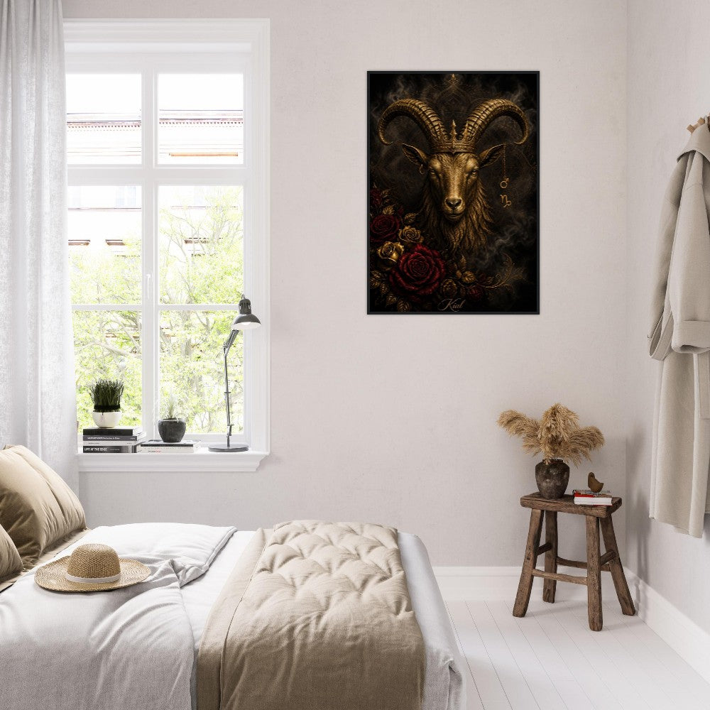 Capricorn Zodiac Goat Poster, Gold Wall Art, Astrology Canvas, Goat Portrait, Zodiac Gift for Him, Danish Art Studio