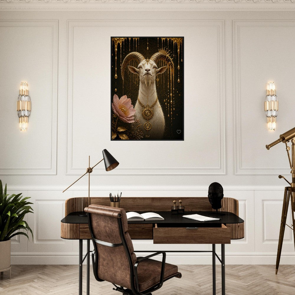 Capricorn Zodiac Goat Poster, Gold Wall Art, Astrology Canvas, Goat Portrait, Zodiac Gift for Her, Danish Art Studio
