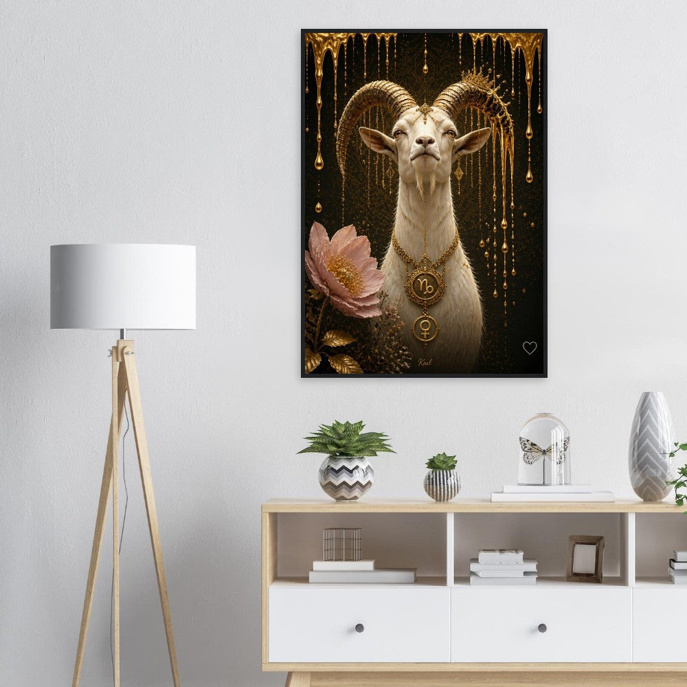 Capricorn Zodiac Goat Poster, Gold Wall Art, Astrology Canvas, Goat Portrait, Zodiac Gift for Her, Danish Art Studio