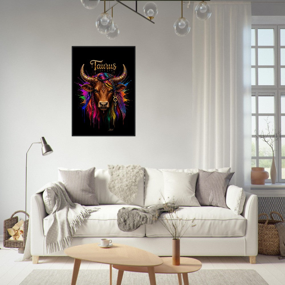 Taurus Neon Zodiac Bull Poster, Colorful Wall Art, Artistic Astrology Canvas, Zodiac Gift for Her, Danish Art Studio