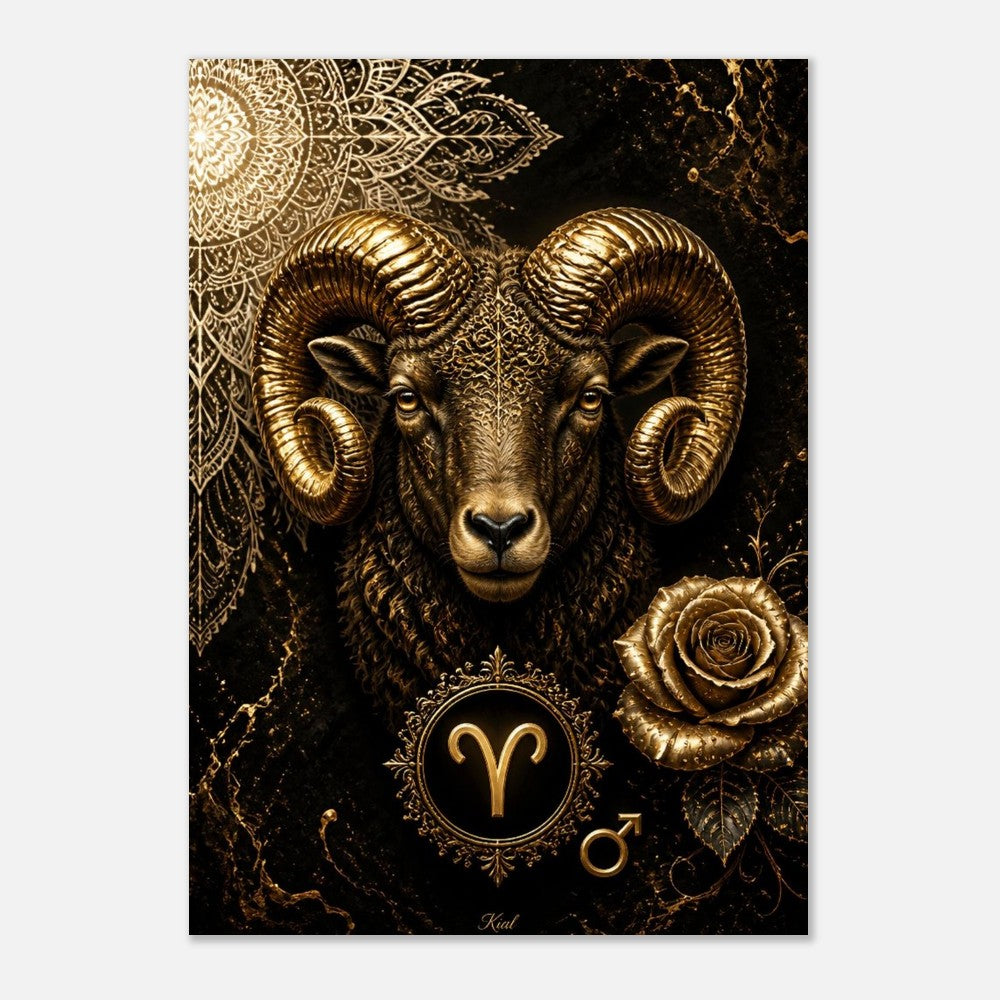 Aries Zodiac Ram Poster, Gold Wall Art, Astrology Canvas, Ram Portrait, Zodiac Gift for Him, Danish Art Studio