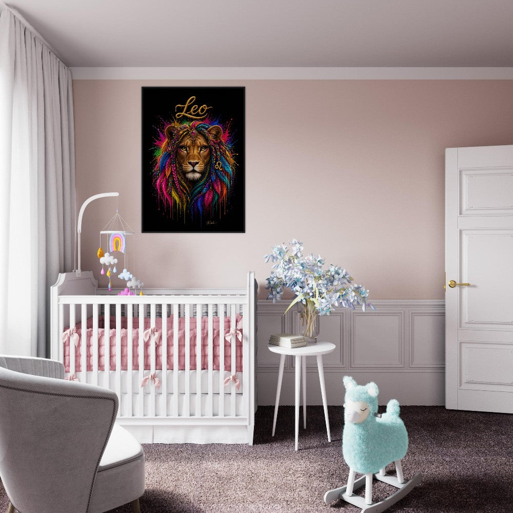 Leo Neon Zodiac Lion Poster, Colorful Wall Art, Artistic Astrology Canvas, Zodiac Gift for Her, Danish Art Studio