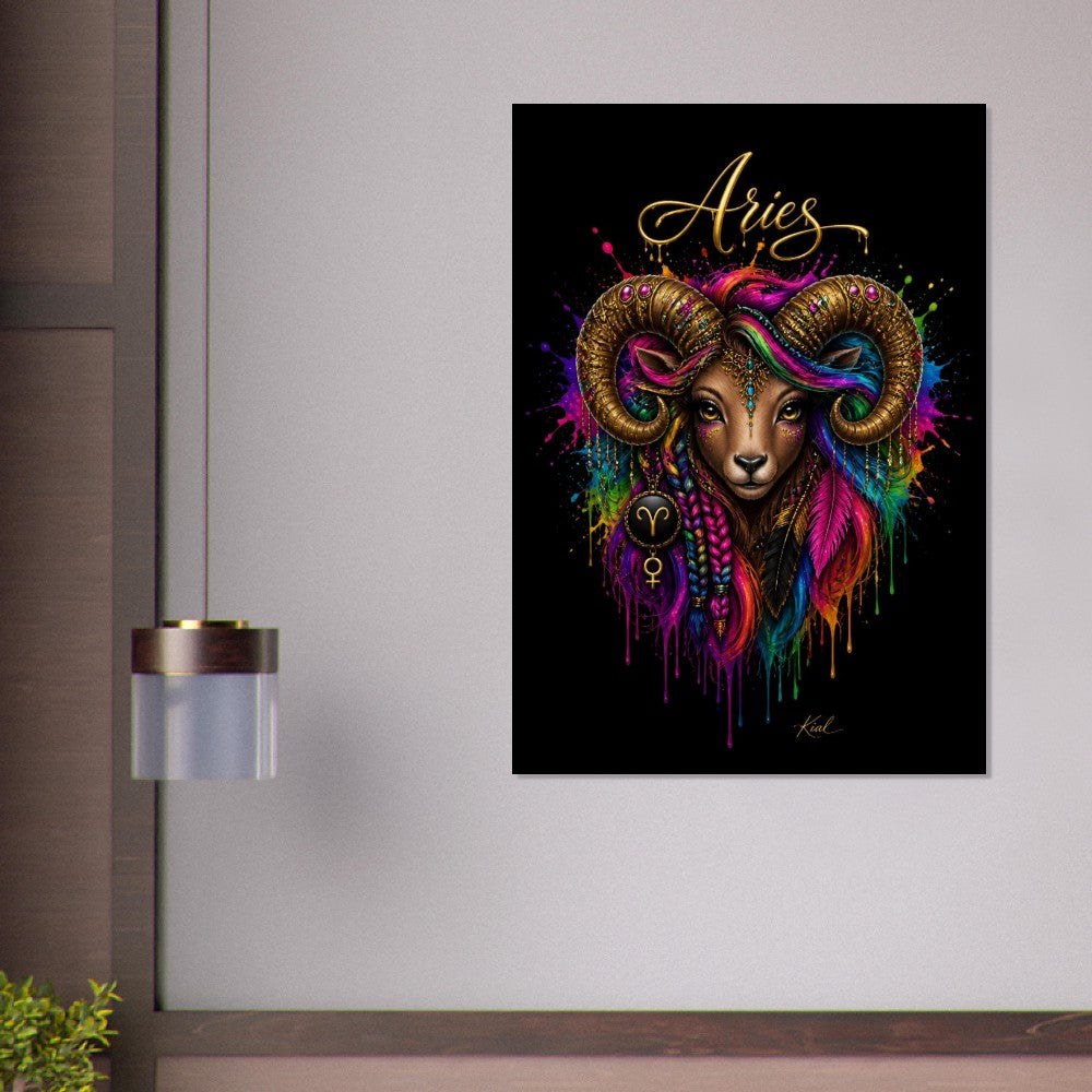Aries Neon Zodiac Ram Poster, Colorful Wall Art, Artistic Astrology Canvas, Zodiac Gift for Her, Danish Art Studio