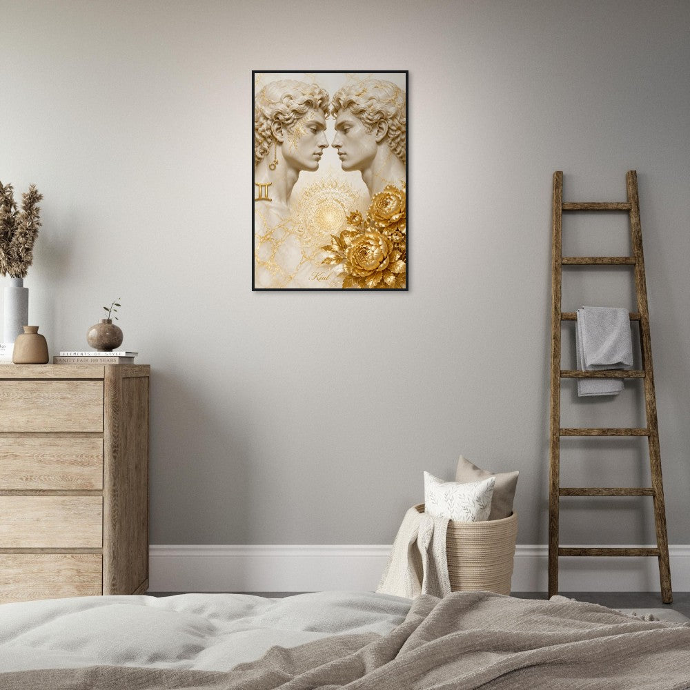 Gemini Zodiac Twins Poster, Gold Wall Art, Astrology Canvas, Twins Portrait, Zodiac Gift for Him, Danish Art Studio