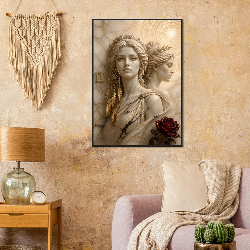 Gemini Zodiac Twins Poster, Gold Wall Art, Astrology Canvas, Twins Portrait, Zodiac Gift for Her, Danish Art Studio