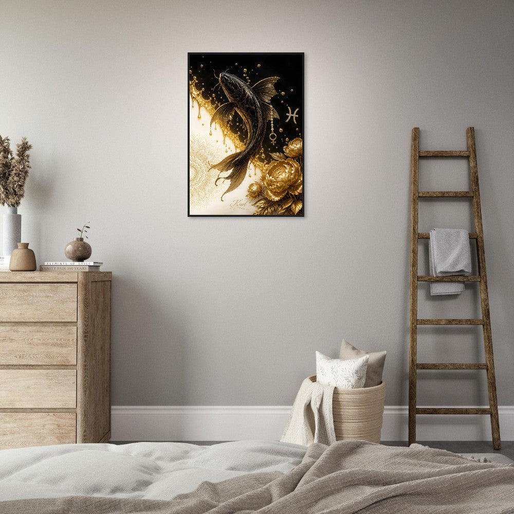 Pisces Zodiac Koi Poster, Gold Wall Art, Astrology Canvas, Koi Portrait, Zodiac Gift for Her, Danish Art Studio