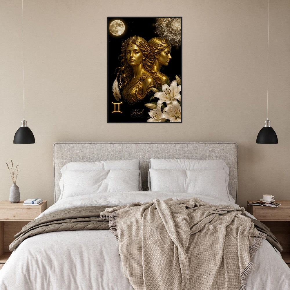 Gemini Zodiac Twins Poster, Gold Wall Art, Astrology Canvas, Twins Portrait, Zodiac Gift for Her, Danish Art Studio
