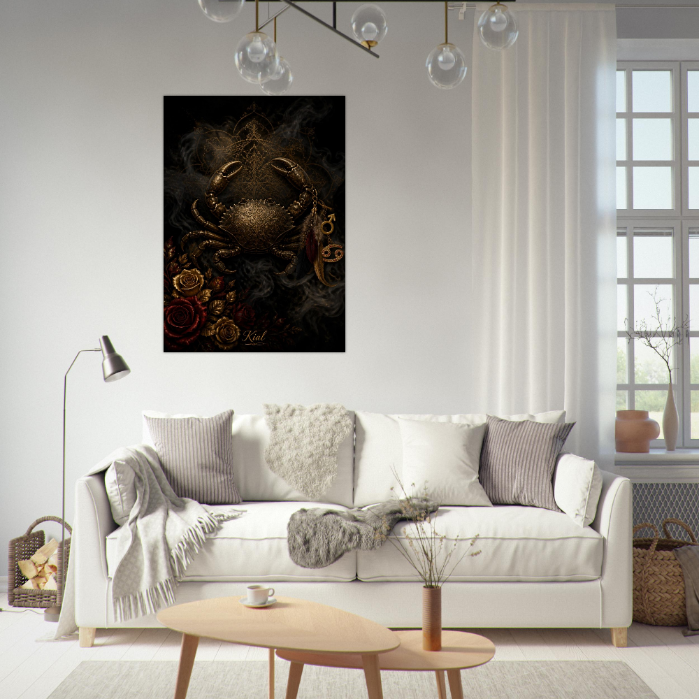 Cancer Zodiac Crab Poster, Gold Wall Art, Astrology Canvas, Crab Portrait, Zodiac Gift for Him, Danish Art Studio