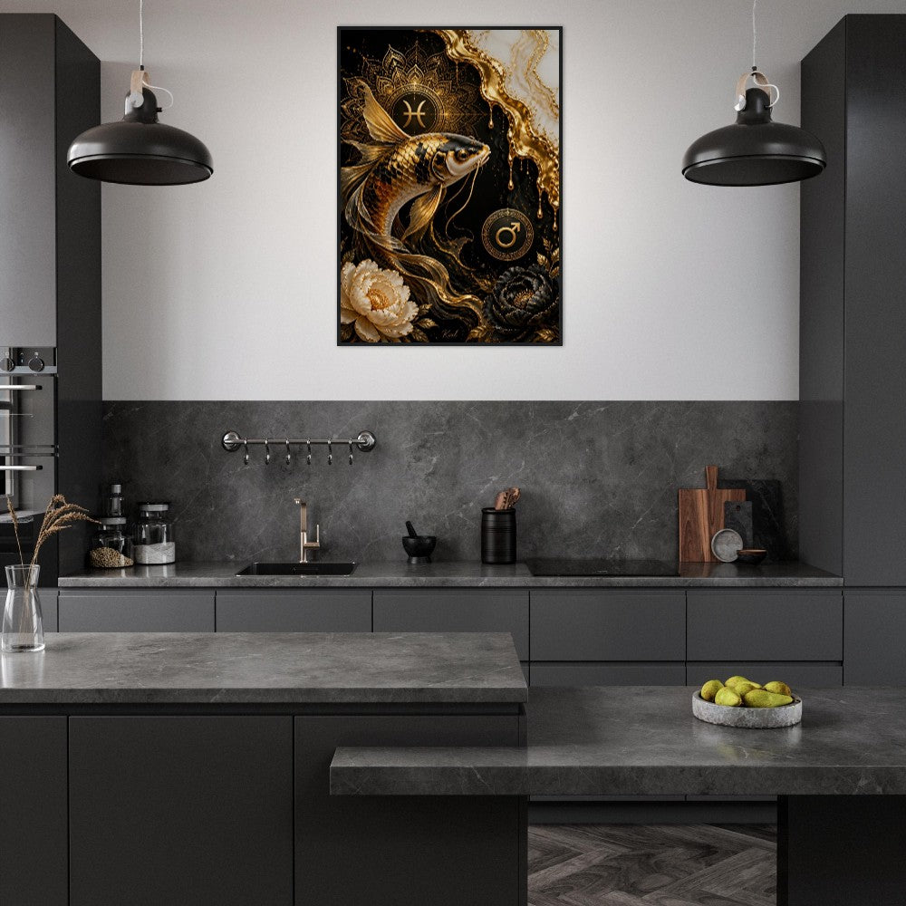 Pisces Zodiac Koi Poster, Gold Wall Art, Astrology Canvas, Koi Portrait, Zodiac Gift for Him, Danish Art Studio