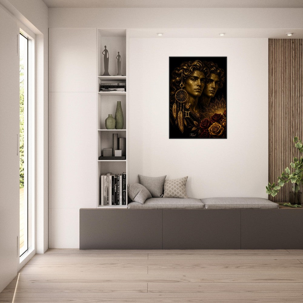 Gemini Zodiac Twins Poster, Gold Wall Art, Astrology Canvas, Twins Portrait, Zodiac Gift for Him, Danish Art Studio