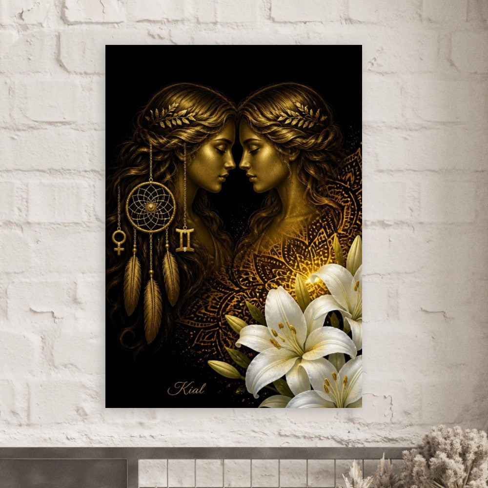 Gemini Zodiac Twins Poster, Gold Wall Art, Astrology Canvas, Twins Portrait, Zodiac Gift for Her, Danish Art Studio