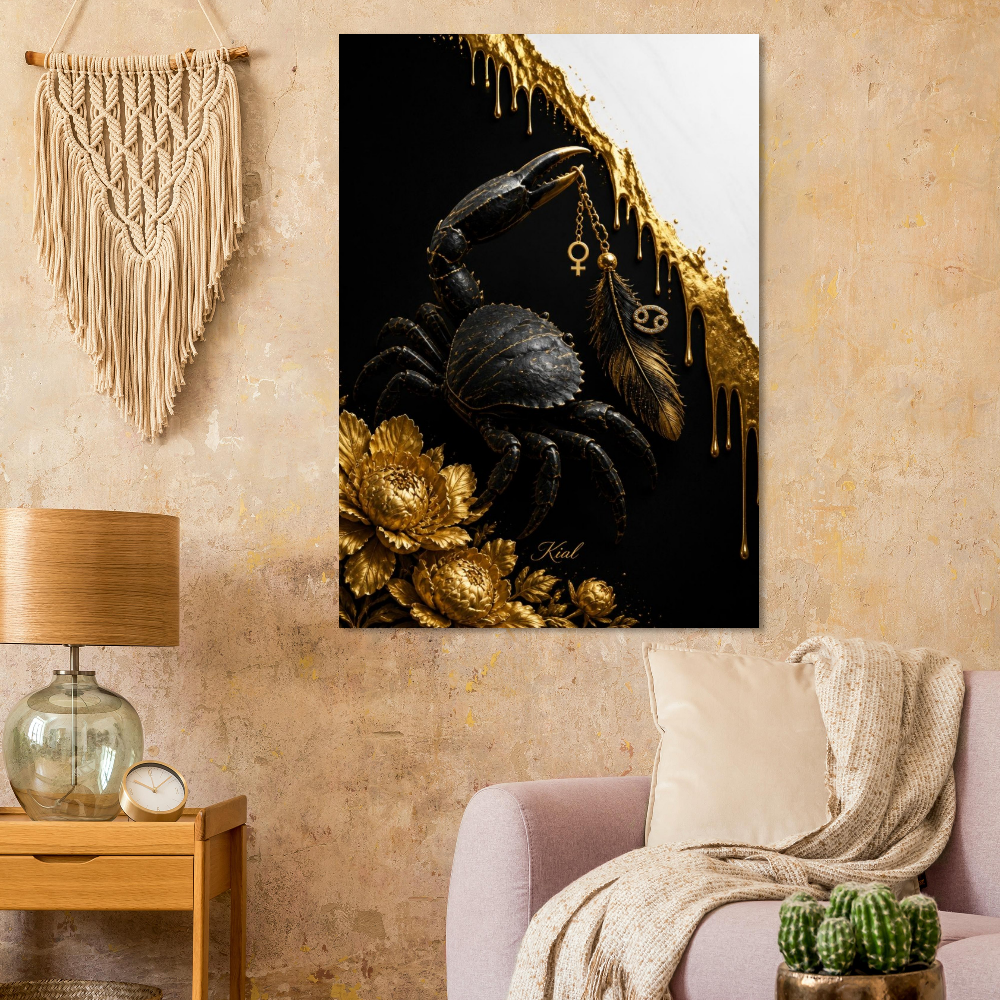 Cancer Zodiac Crab Poster, Gold Wall Art, Astrology Canvas, Crab Portrait, Zodiac Gift for Her, Danish Art Studio