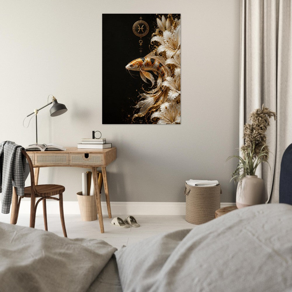 Pisces Zodiac Koi Poster, Gold Wall Art, Astrology Canvas, Koi Portrait, Zodiac Gift for Her, Danish Art Studio