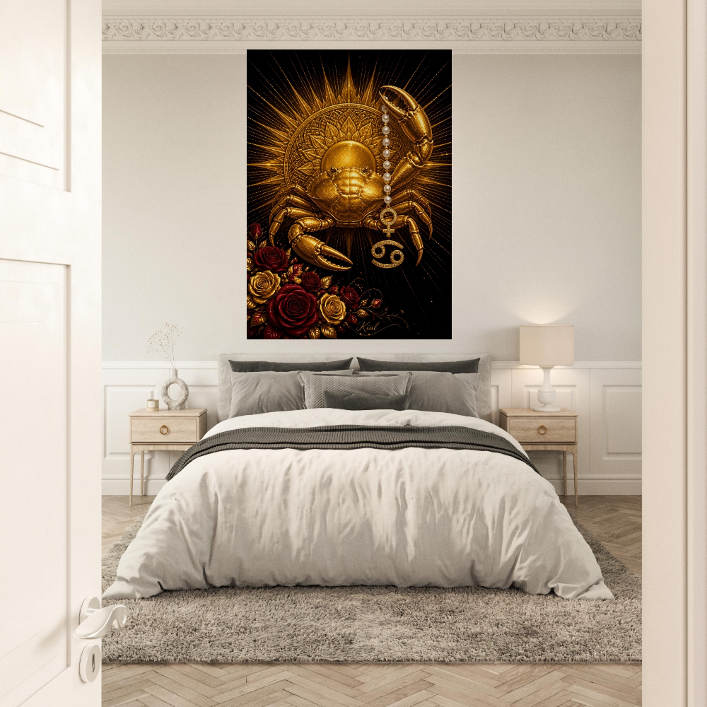 Cancer Zodiac Crab Poster, Gold Wall Art, Astrology Canvas, Crab Portrait, Zodiac Gift for Her, Danish Art Studio