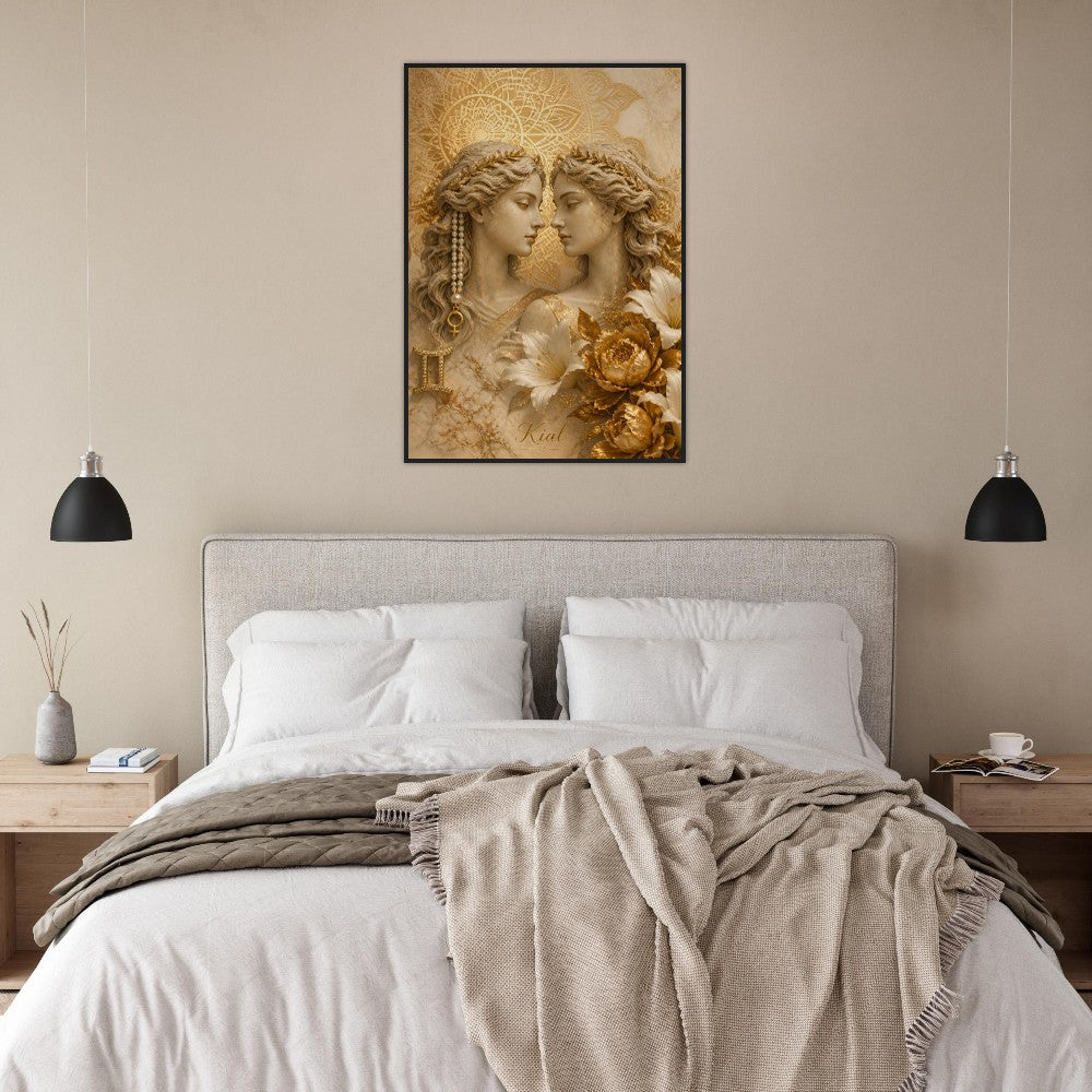 Gemini Zodiac Twins Poster, Gold Wall Art, Astrology Canvas, Twins Portrait, Zodiac Gift for Her, Danish Art Studio