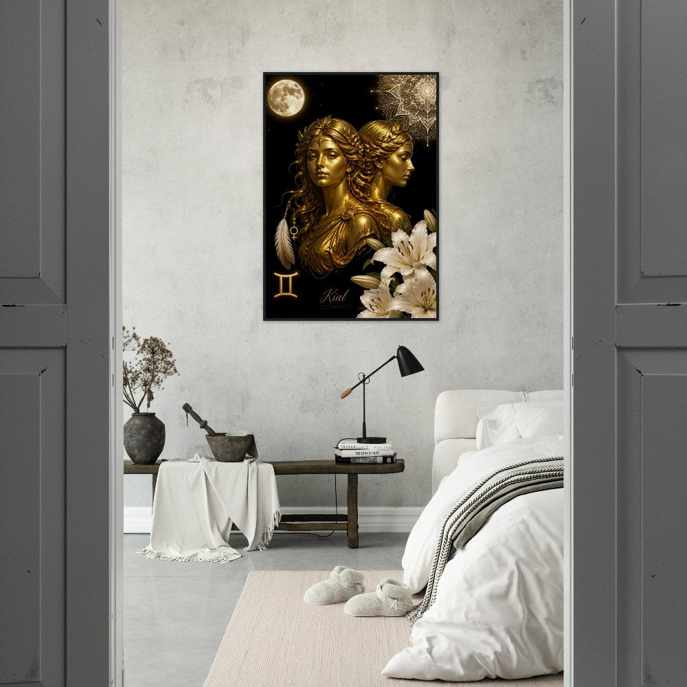 Gemini Zodiac Twins Poster, Gold Wall Art, Astrology Canvas, Twins Portrait, Zodiac Gift for Her, Danish Art Studio