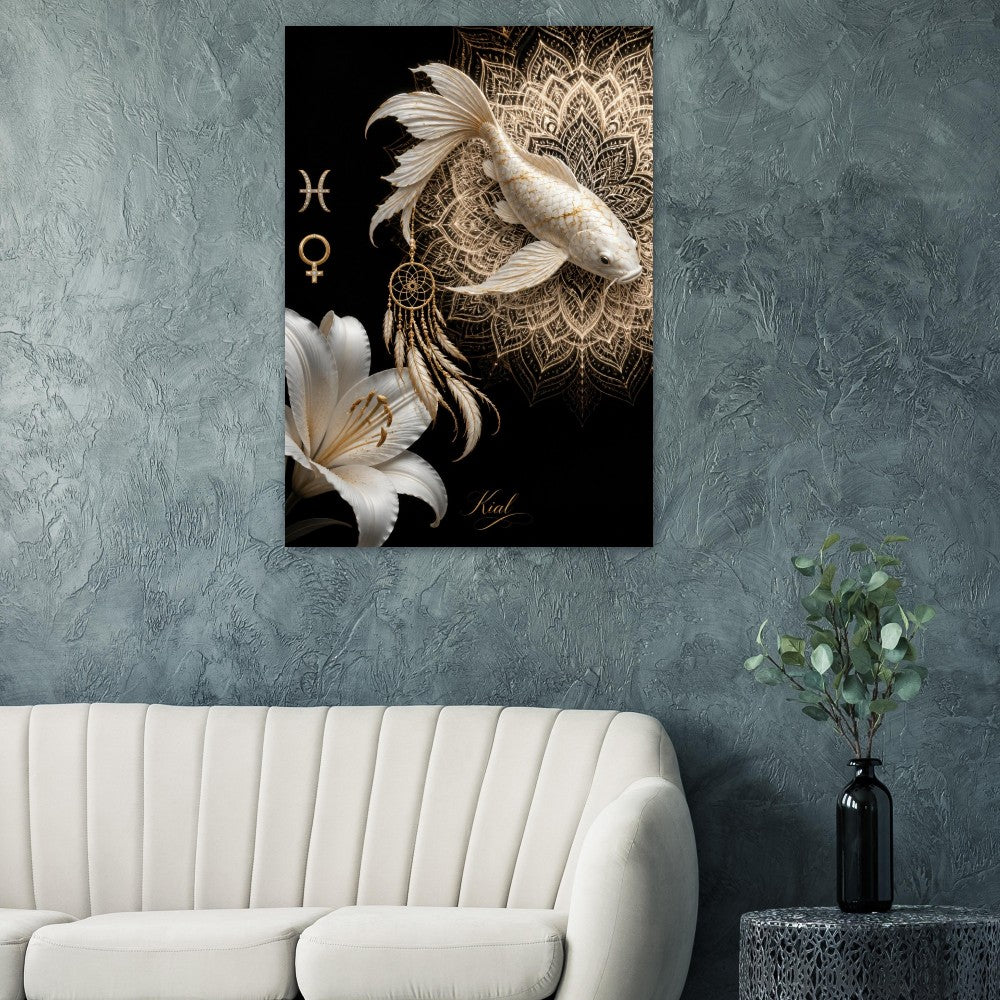 Pisces Zodiac Koi Poster, Gold Wall Art, Astrology Canvas, Koi Portrait, Zodiac Gift for Her, Danish Art Studio