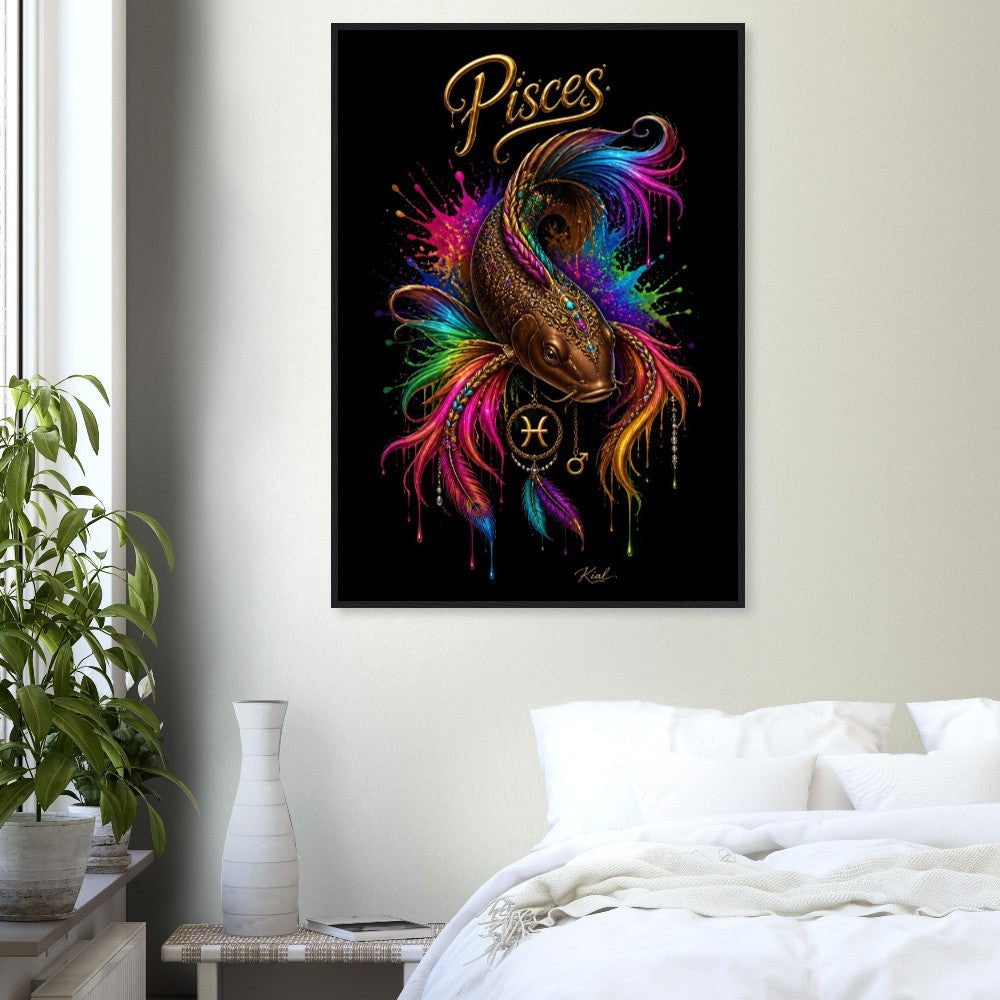 Pisces Neon Zodiac Koi Poster, Colorful Wall Art, Artistic Astrology Canvas, Zodiac Gift for Him, Danish Art Studio