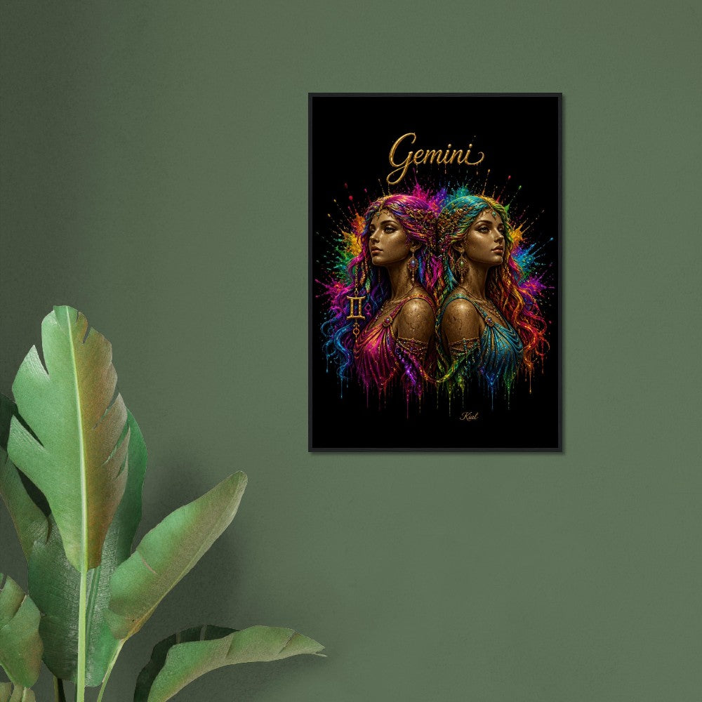 Gemini Neon Zodiac Tvillinger Plakat, Farverig Vægkunst, Kunstnerisk Astrologi Lærred, Zodiak Gave til Hende, Dansk Kunst Studio