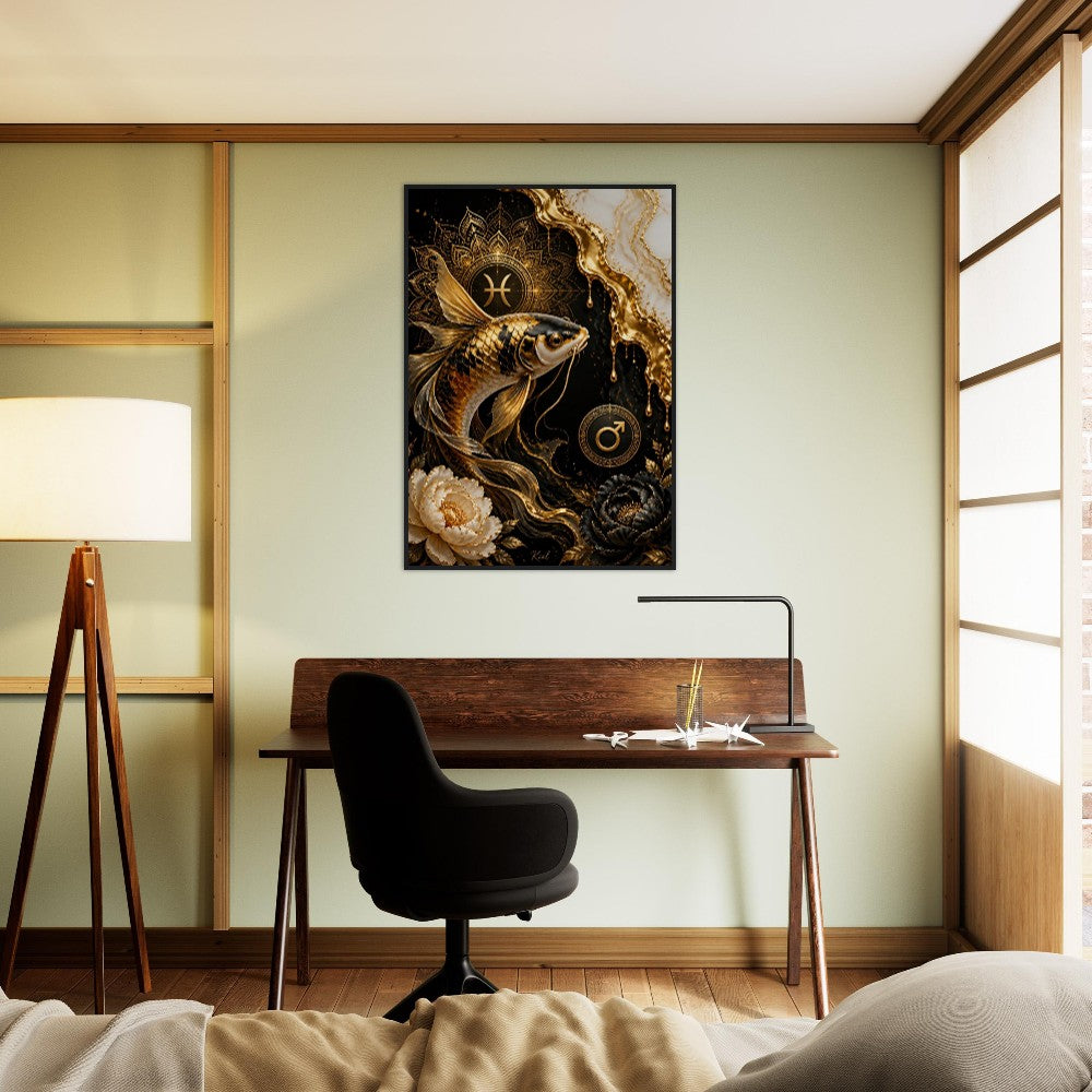Pisces Zodiac Koi Poster, Gold Wall Art, Astrology Canvas, Koi Portrait, Zodiac Gift for Him, Danish Art Studio