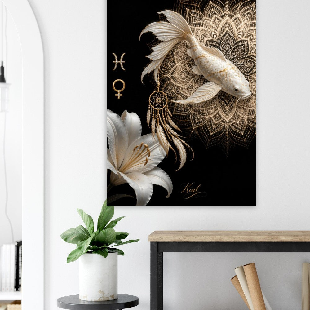 Pisces Zodiac Koi Poster, Gold Wall Art, Astrology Canvas, Koi Portrait, Zodiac Gift for Her, Danish Art Studio